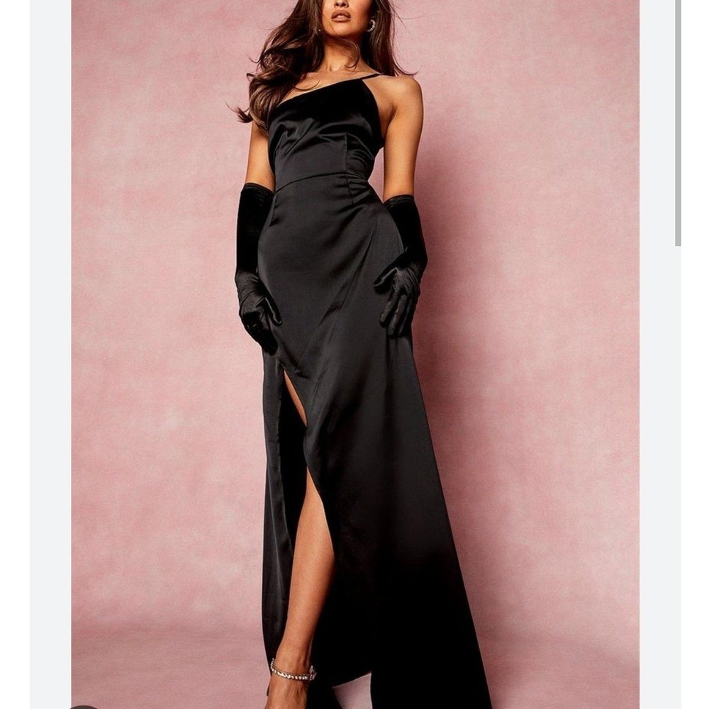 NWT Boohoo Occasion Black Satin One Shoulder Formal Maxi Dress Side Thigh Slit 4